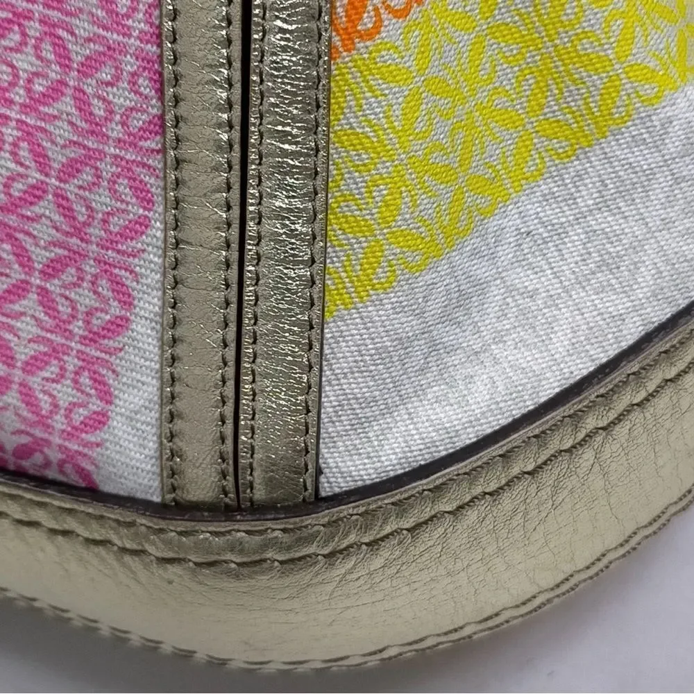Auth LOEWE Multicolor Anagram Striped Canvas Gold Leather 2way Fiesta Satchel